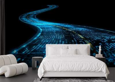 digital road illuminated by blue matrix of binary code. digital winding road isolated on black background.
 Wall mural