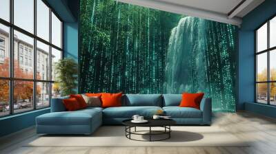 digital waterfalls, green matrix binary code Cascading Through  waterfall. 
 Wall mural