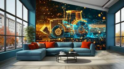 digital yellow smart  tractor, artificial intelligence in  modern agricultural machinery, enabling precision farming techniques,  automated planting, fertilization, and harvesting, field conditions.
 Wall mural