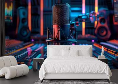 high-tech broadcasting microphone in an audio production setup with abstract voice over waveforms and digital sound editing tools. Podcasting concept.
 Wall mural