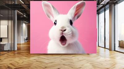 Portrait of a white cute  rabbit with surprised  expression on a pink background,surprised looking rabbit .Generative AI Wall mural