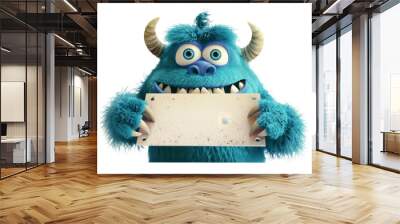 Cartoon blue monster character holding a blank sign on transparent background Wall mural