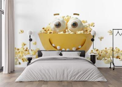 Cartoon popcorn in bowl character on transparent background Wall mural