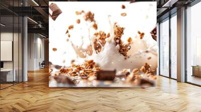 Falling oat granola with milk splash and chocolate Wall mural