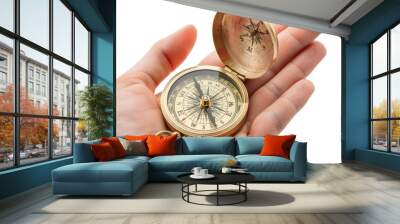 Hand holding compass on transparent background Wall mural