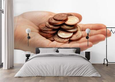 Saving money. Stack coins in hand on transparent background Wall mural