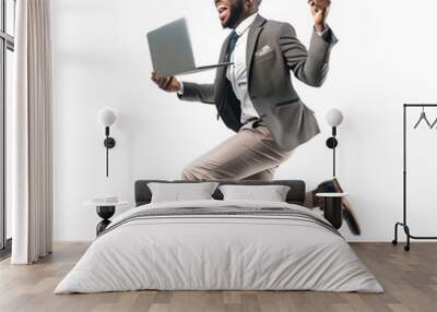 Business man jump and fly with laptop in air Wall mural