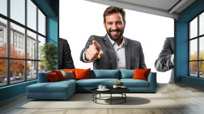 business man smile portrait and pointing finger isolated on a tr Wall mural