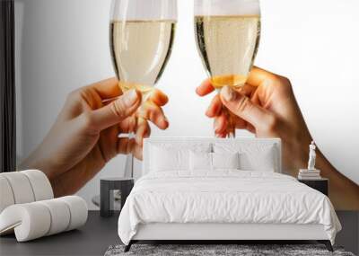 two hand hold a glasses of champagne isolated on transparent background Wall mural