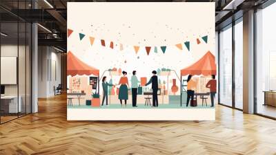 People at outdoor food market. Flat vector illustration of people in outdoor food market. Wall mural