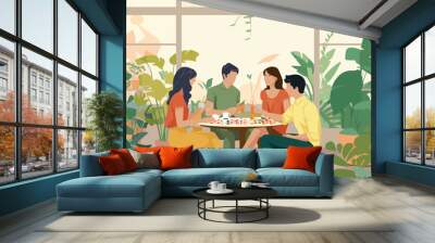 People playing chess in cafe flat vector illustration. Cartoon men and women sitting at table and playing board game. Wall mural