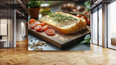 there is a wooden cutting board with bread and tomatoes on it Wall mural