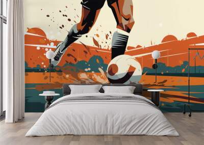 Soccer player kicking the ball at the stadium. Vector illustration. Wall mural