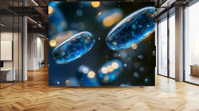 Blue medical pills background. Floating blue Capsules with Sparkling Effect Wall mural