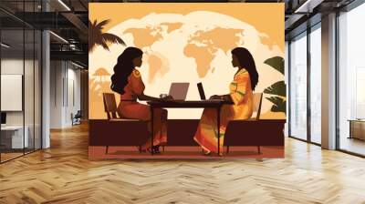 Two African American business women working on a laptop at a cafe on the beach. Vector illustration Wall mural