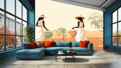 Two women in traditional clothes walking in the field. Vector illustration. Wall mural