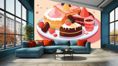 Vector illustration of a tasty cake on a plate with strawberries and chocolate. Wall mural