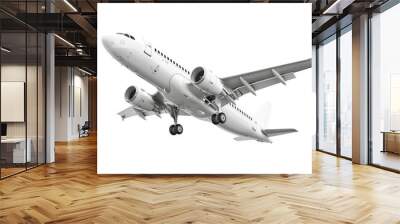 White passenger jet plane flying isolated on white background Wall mural