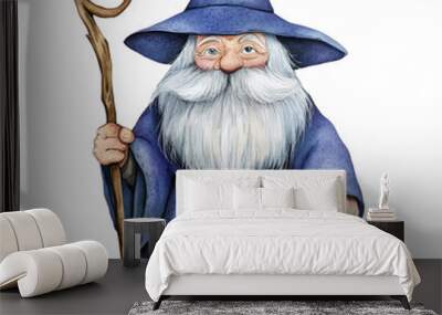 Watercolor Illustration of a Wizard in a Blue Robe with a Staff
 Wall mural