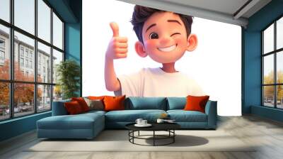 A cheerful young Asian cartoon character in his 20s donning a white t shirt appears pleasantly surprised as he enthusiastically gives a thumbs up gesture against a neutral gray background His Wall mural