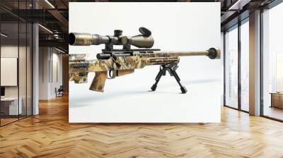 A contemporary rifle equipped with a scope and suppressor featuring camouflage patterning Presented on a white backdrop Wall mural