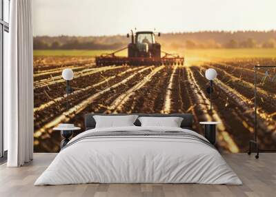 A disc harrow equipped with multiple rows and soil loosening blades attached to tractors in a sunny field Wall mural