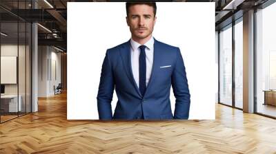 A man in a blue suit and tie is standing with his hands in his pockets, his dress shirt collar peeking out, and a blazer adding a sleek touch to his outfit on transparent Wall mural