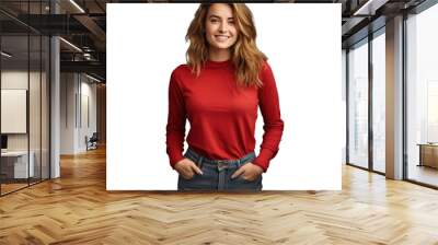 a woman wearing a red shirt and jeans is standing with her hands in her pockets . High quality on transparent Wall mural