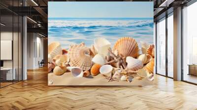 An array of sea shells scattered on the sandy beach, framed by the vast ocean and clear sky on the horizon. A beautiful natural coastal landscape, perfect for art inspiration and peaceful travel Wall mural