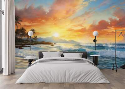 An art piece depicting a stunning sunset over a beach with palm trees, showcasing a beautiful afterglow in the sky and reflecting colors in the calm water Wall mural