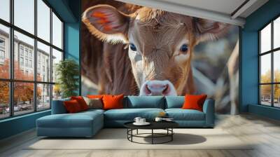 Calf standing beside its mother s udder Adorable young cow with large eyes Farm animal in a rural setting Horizontal image capturing the essence of a calf Wall mural