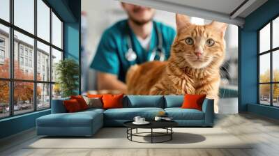 Red furred cat being examined by a male veterinarian in a veterinary clinic Wall mural