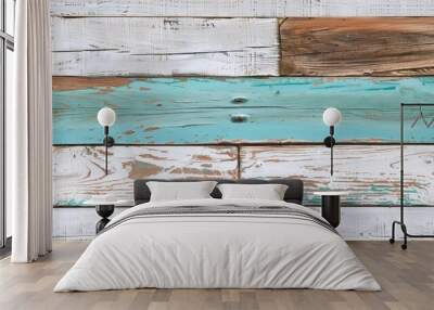 Rustic white and turquoise wood banner with painted copy space background Wall mural