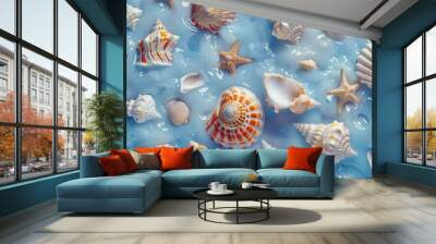 Seashells and blue background mix Wall mural