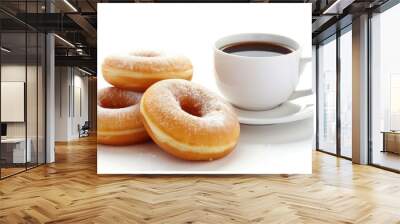 Tasty doughnuts with a cup of coffee on a white background Wall mural