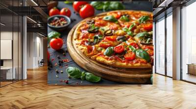 Tasty Vegetarian Pizza Served on a Wooden Board Wall mural