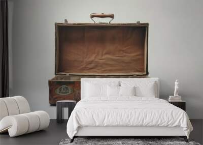 View inside an open suitcase against a white backdrop Wall mural