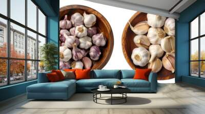 Garlic, wooden bowl, top view, PNG set, isolated Wall mural