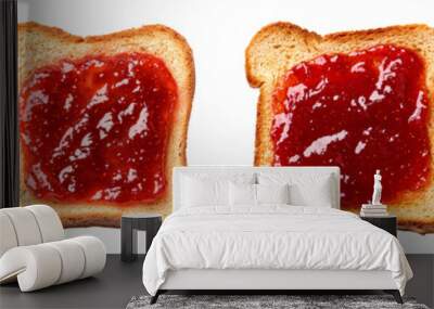 Slice of bread with strawberry jam top view isolated Wall mural