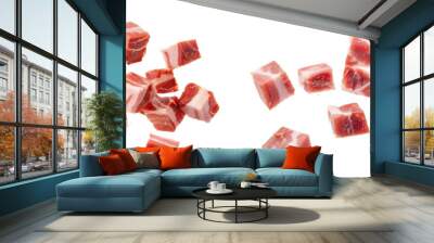 Set of Falling bacon cubes, diced smoked ham isolated on white background Wall mural