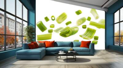 Set of Falling leek slices, chopped green onion isolated on white background


 Wall mural