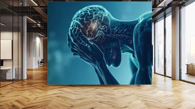 3d render of pain in the body, human with head down holding his hand on temple and neck , xray brain with glowing aura, blue background. Wall mural