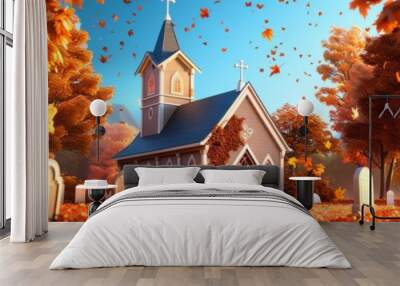 A beautiful church surrounded by trees and colorful autumn foliage, with tombstones in the cemetery under a blue sky, a 3D cartoon game scene concept art Wall mural