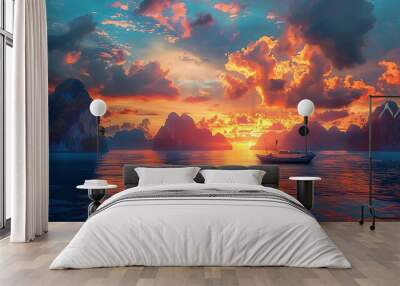 A breathtaking sunset over Ha Long Bay, Vietnam with dramatic clouds and colorful hues painting the sky above the iconic karst formations. The rich colors, blue water and a fishing boat on the sea in Wall mural