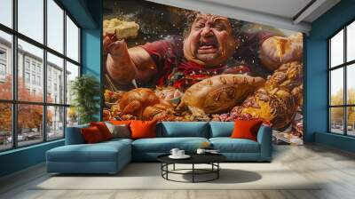 A fat man eating an endless amount of food, surrounded by many delicious dishes such as breads and cakes. The scene is filled with laughter and joyous smiles on his face, with no signs of future glutt Wall mural