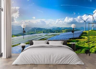 modern solar panels and wind turbines on green hills, blue sky with clouds. Wind turbines for electricity production. Green energy concept. Wall mural