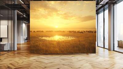 9 Parched savannah, herds of wildlife gathered near the last puddles of water, hazy horizon, lowangle shot from grass level, deep golden sunlight, wide framing to show isolation Wall mural