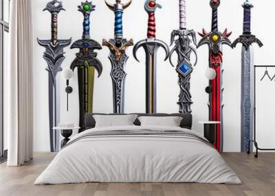 A collection of eight ornate and diverse swords, each with unique designs, displayed in a vertical row, showcasing intricate details and craftsmanship. Wall mural