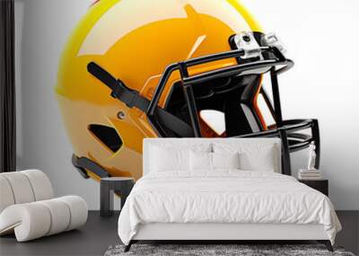 Bright yellow American football helmet with black faceguard isolated on white background, perfect for sports and safety gear concepts. Wall mural