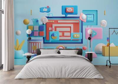 Content distribution channels flat design, side view, media theme, 3D render, Tetradic color scheme Wall mural